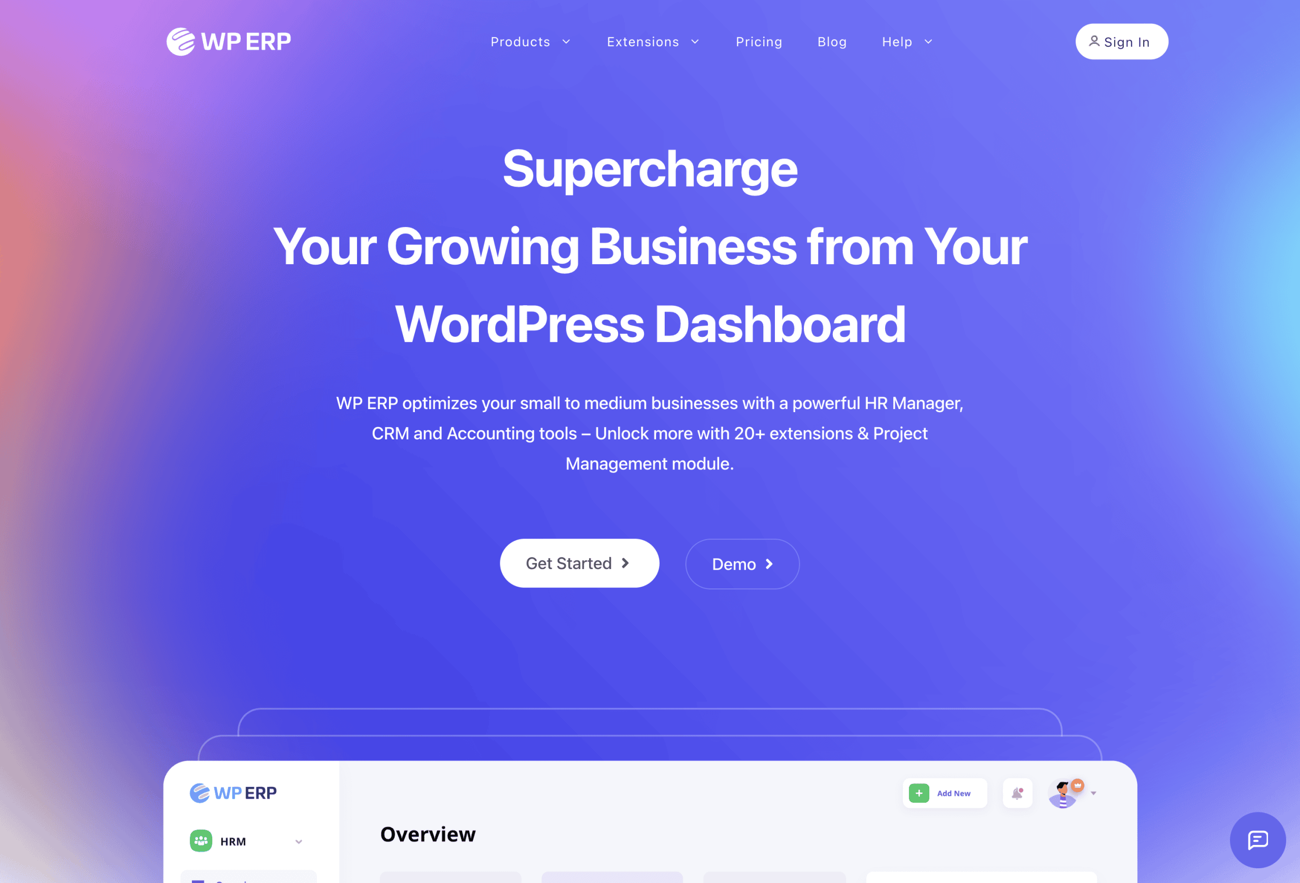 WP ERP homepage featuring a purple gradient background, navigation menu, main headline about business growth, and two buttons labeled “Get Started” and “Demo.”.