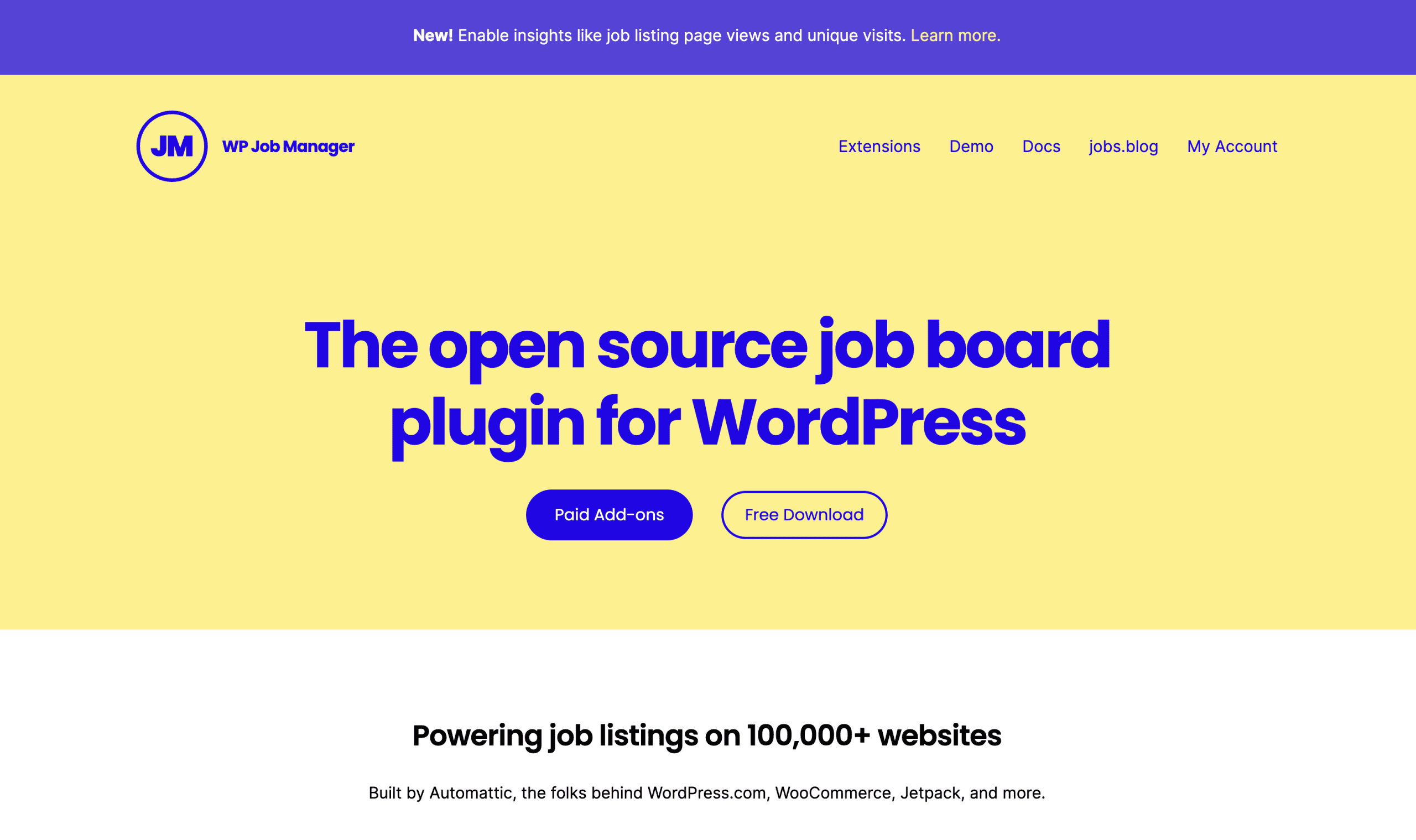 Screenshot of the WP Job Manager website homepage, highlighting its open-source WordPress job board plugin with options for paid add-ons and free download.