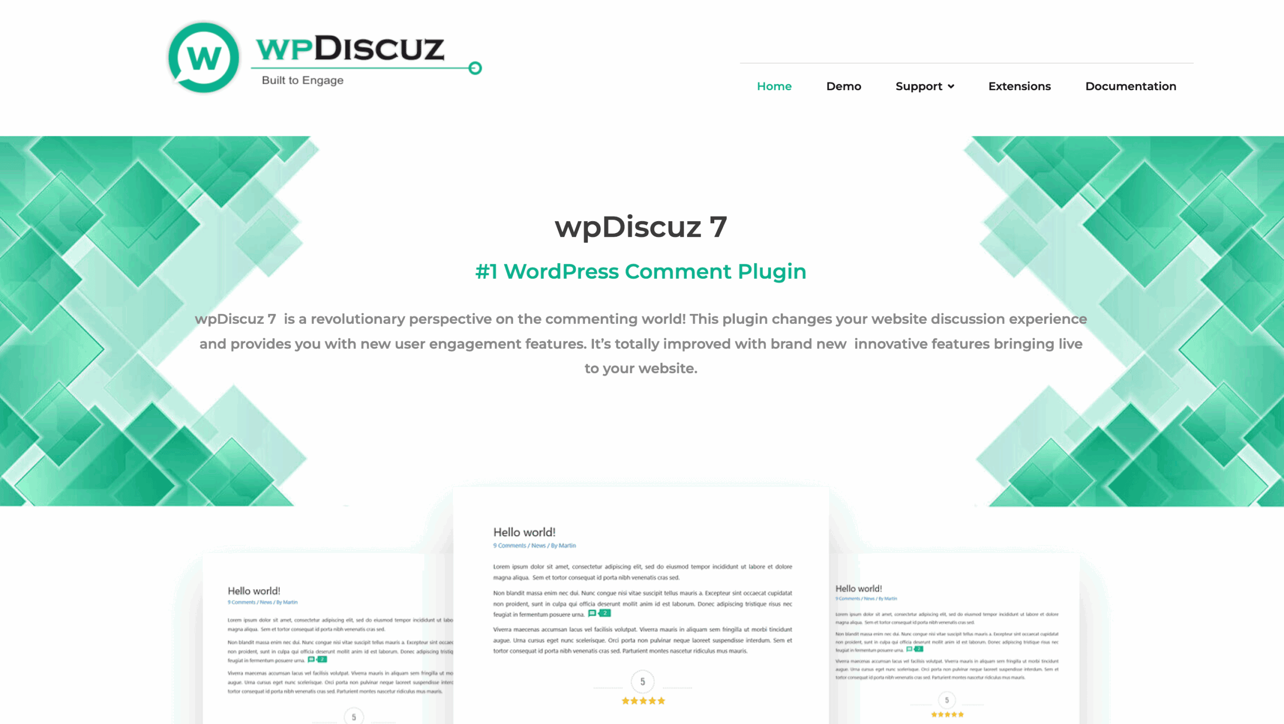 Screenshot of the wpDiscuz 7 website homepage, highlighting its features as a WordPress comment plugin, with a green geometric design and navigation menu at the top.
