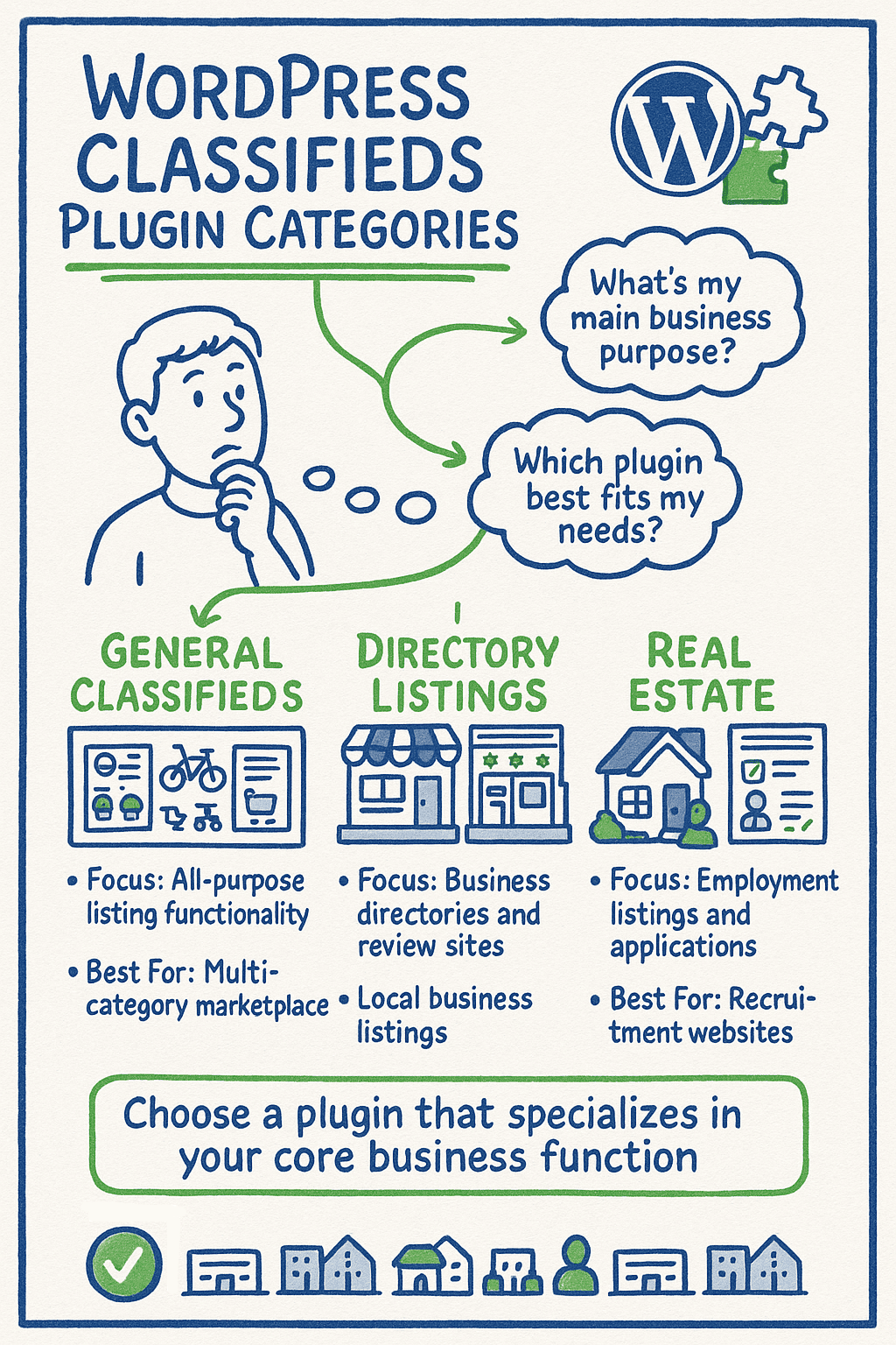Infographic explaining WordPress classified plugin categories: General Classifieds, Directory Listings, and Real Estate, with focus areas and plugin selection advice.
