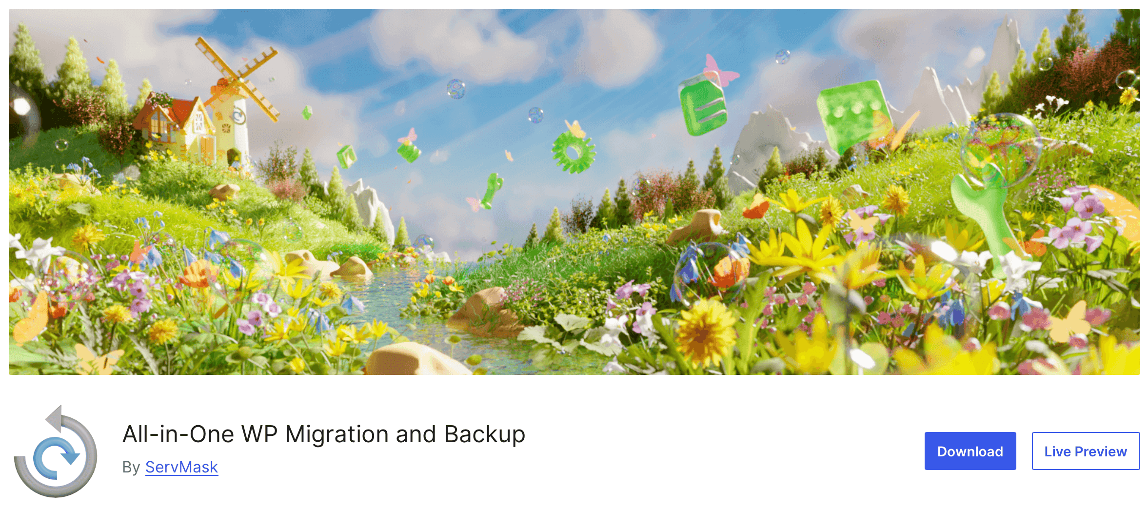 A colorful, animated landscape with a windmill, wildflowers, and floating green icons, promoting the All-in-One WP Migration and Backup plugin by ServMask.