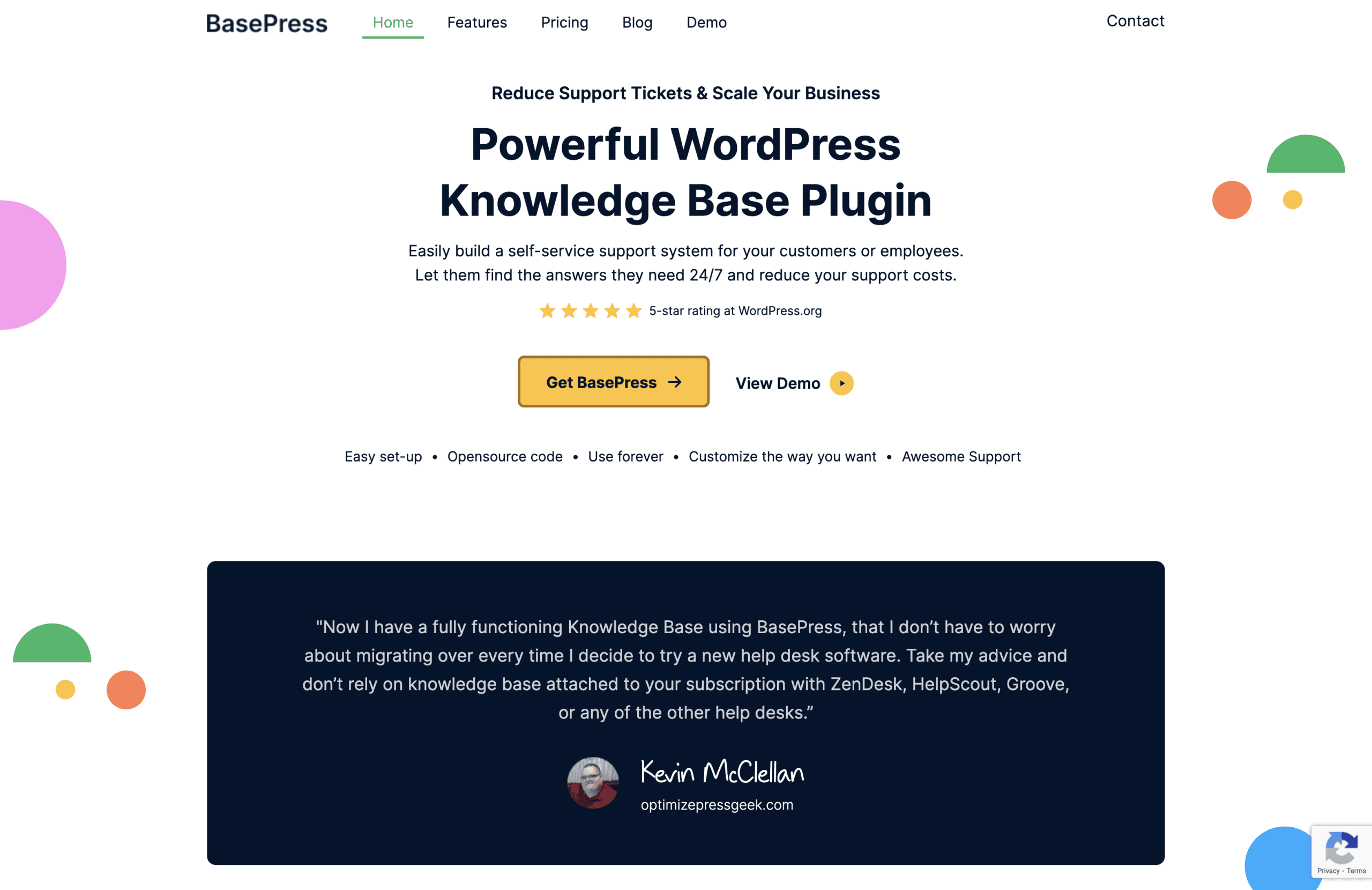 Screenshot of the BasePress website homepage featuring its WordPress knowledge base plugin, CTA buttons, navigation menu, and a customer testimonial at the bottom.