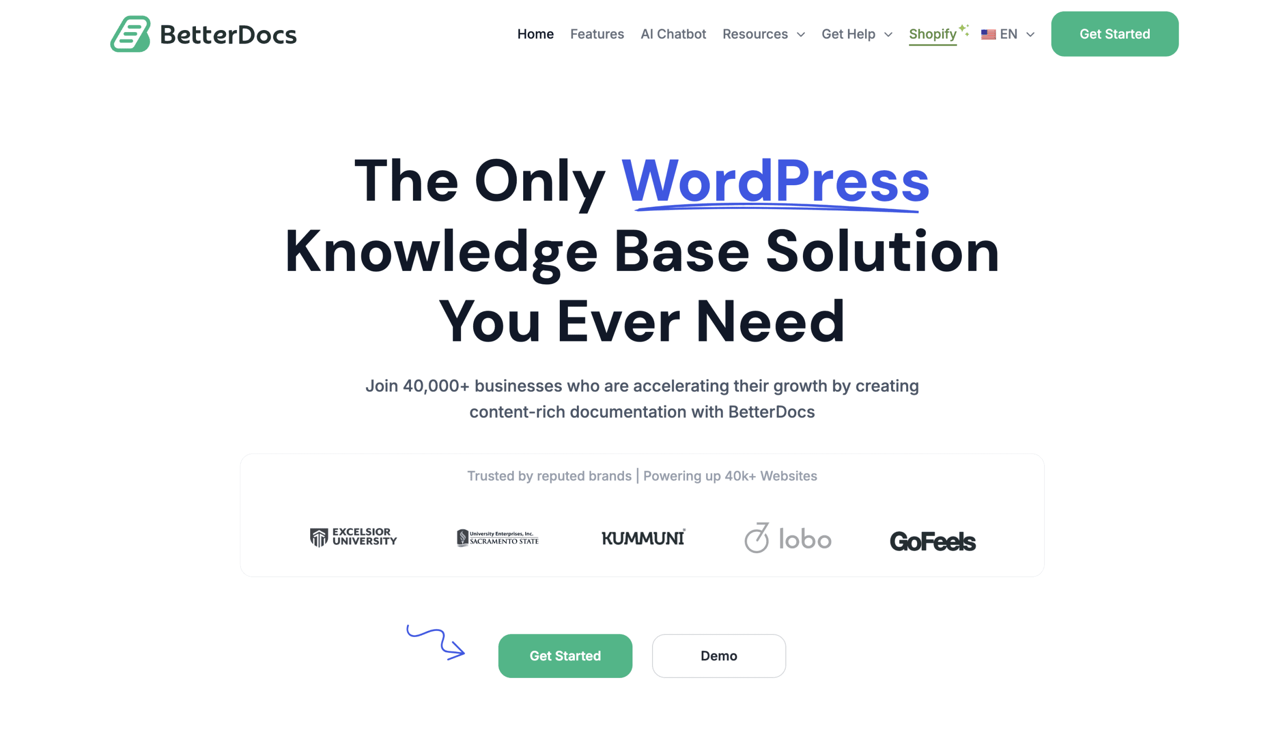 Screenshot of the BetterDocs website homepage promoting its WordPress knowledge base solution with a "Get Started" and "Demo" button, and logos of trusted brands below.