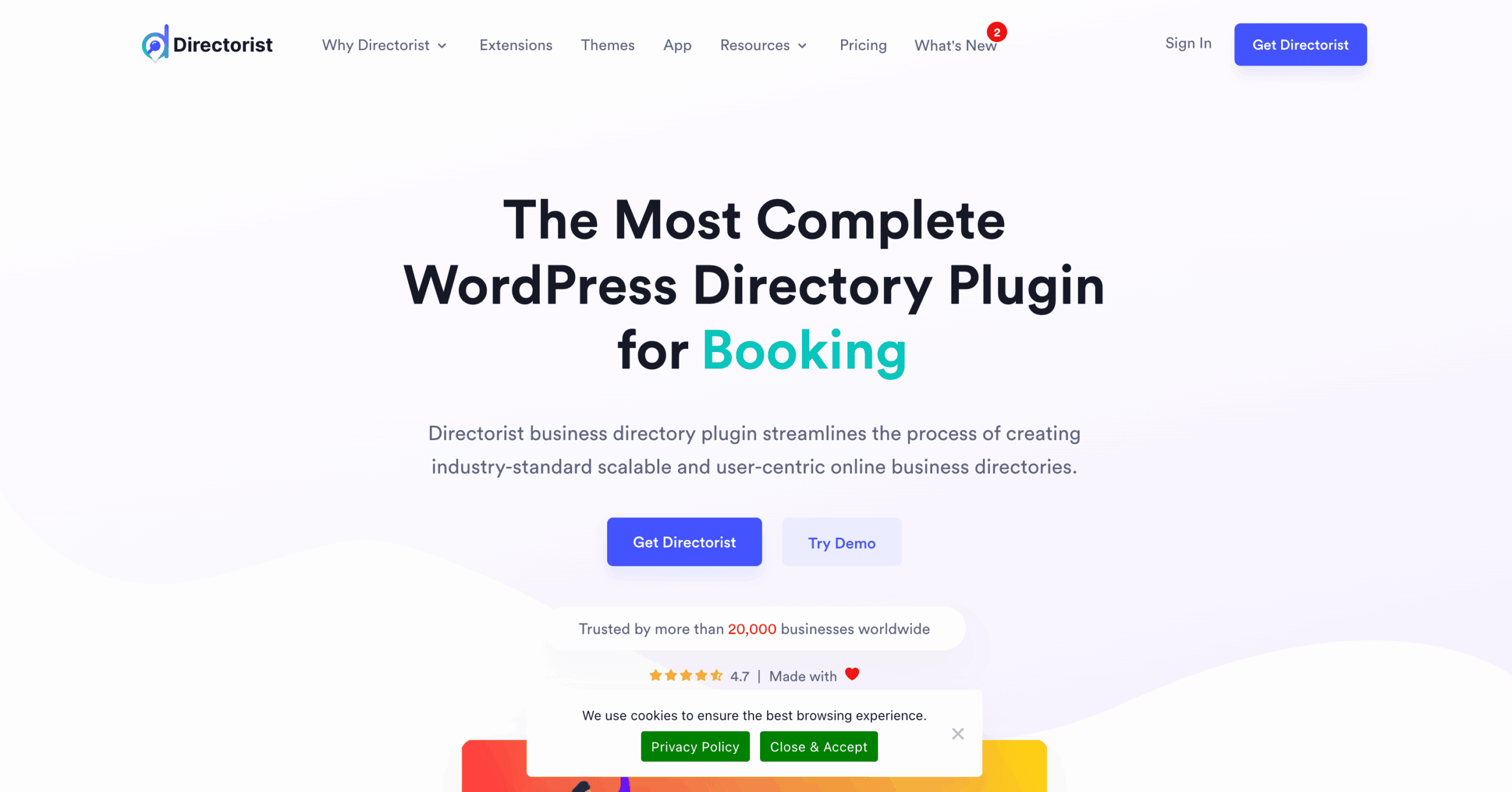 Screenshot of Directories’ homepage highlighting their WordPress directory plugin for booking, with options to get the plugin, try a demo, and a cookie consent banner at the bottom.