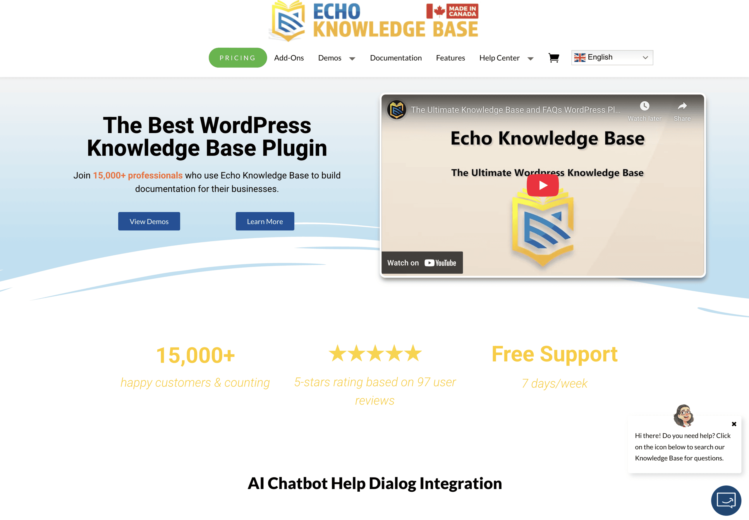 Echo Knowledge Base website homepage featuring plugin details, a video overview, customer statistics, free support information, and a chatbot help dialog prompt in the corner.