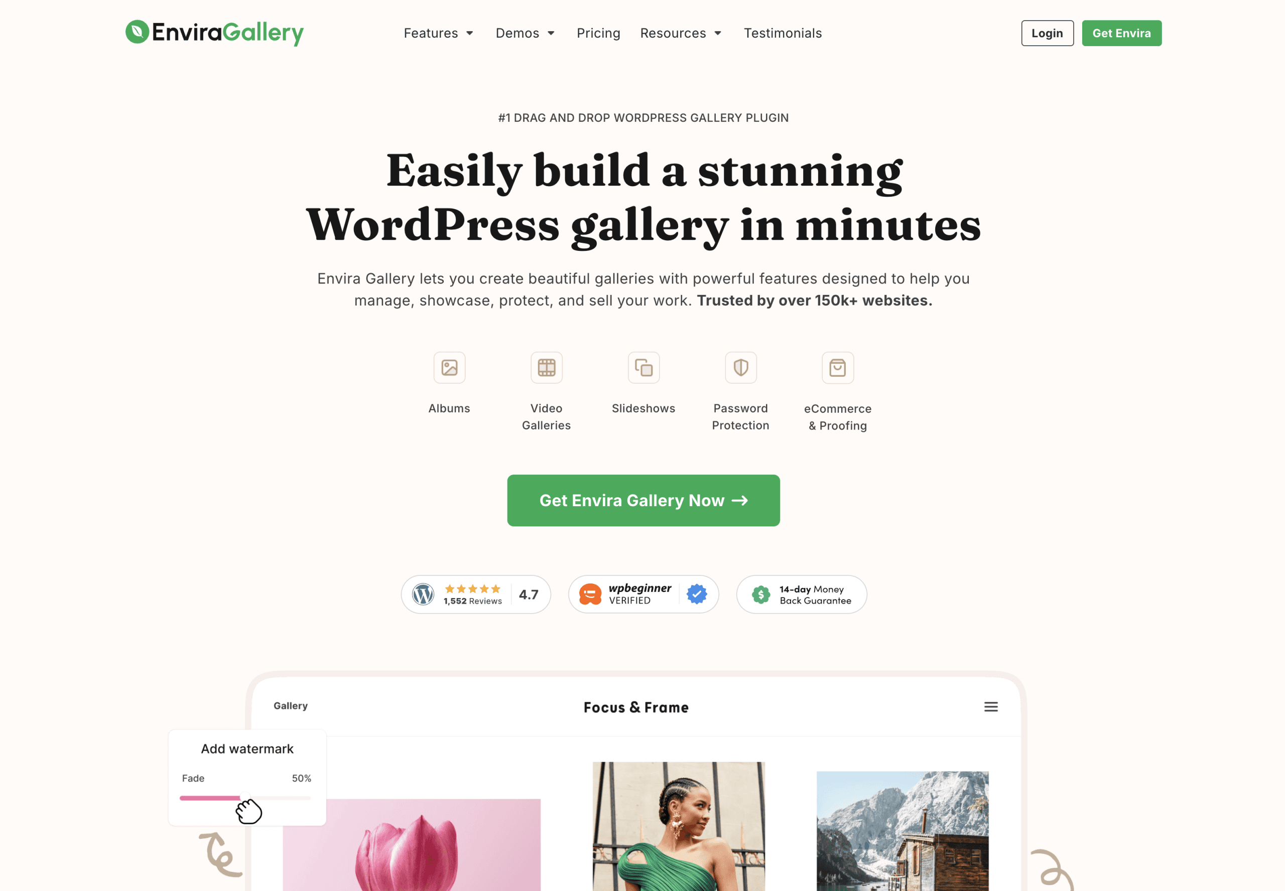 Envira Gallery website homepage showing headline about building WordPress galleries, navigation menu, feature icons, testimonials, and a sample gallery preview with editing options.