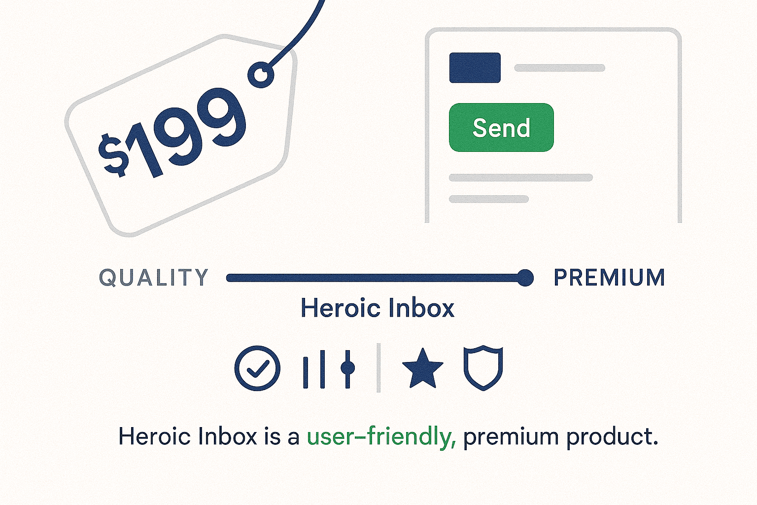 A price tag reading $199, a "Send" button interface, and a slider indicating "Heroic Inbox" as a premium, user-friendly product with quality icons below.
