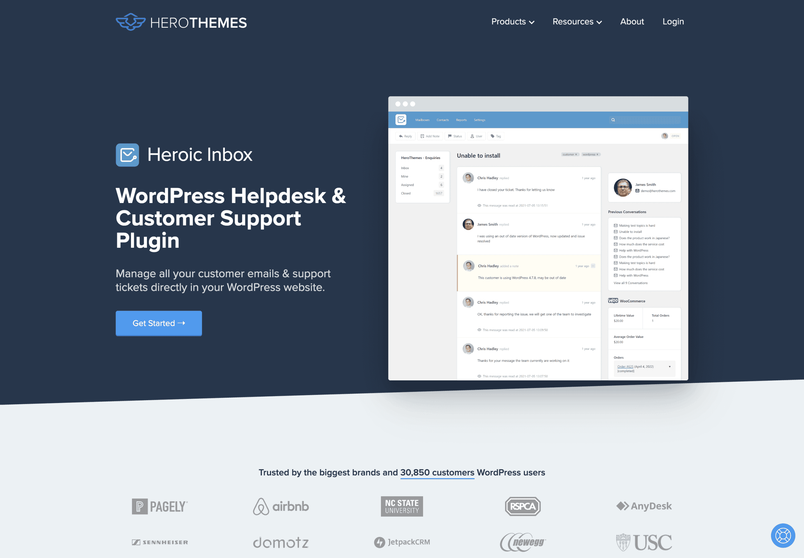 Screenshot of HeroThemes' website promoting Heroic Inbox, a WordPress helpdesk and customer support plugin, with a sample user interface and client logos displayed below.