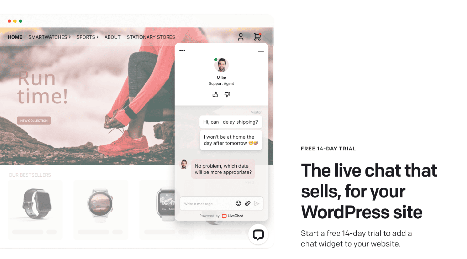 A webpage displays a live chat widget overlaying a product site featuring smartwatches and shoes, with promotional text for a 14-day free trial of the WordPress chat tool on the right.