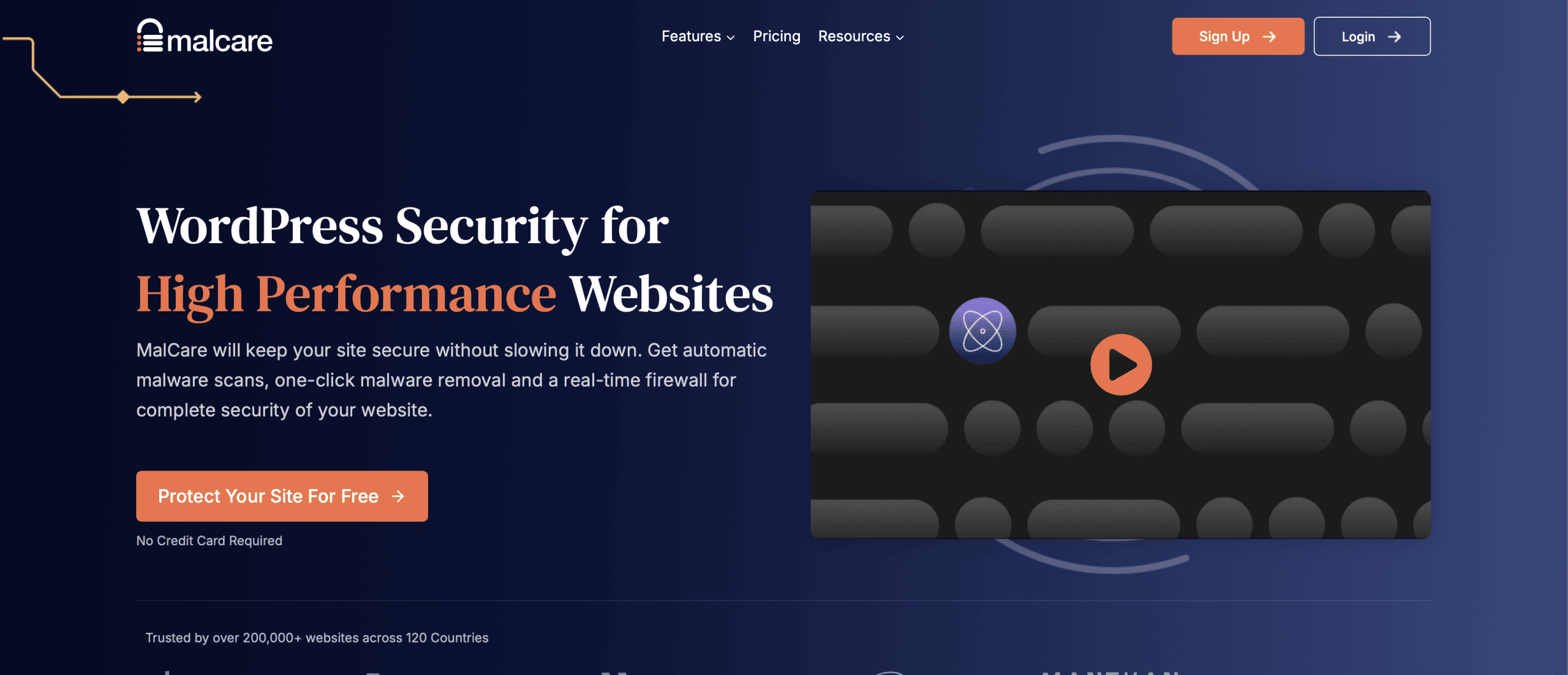 Screenshot of the MalCare homepage featuring a headline about WordPress security, a call-to-action button, and an abstract graphic for website protection.