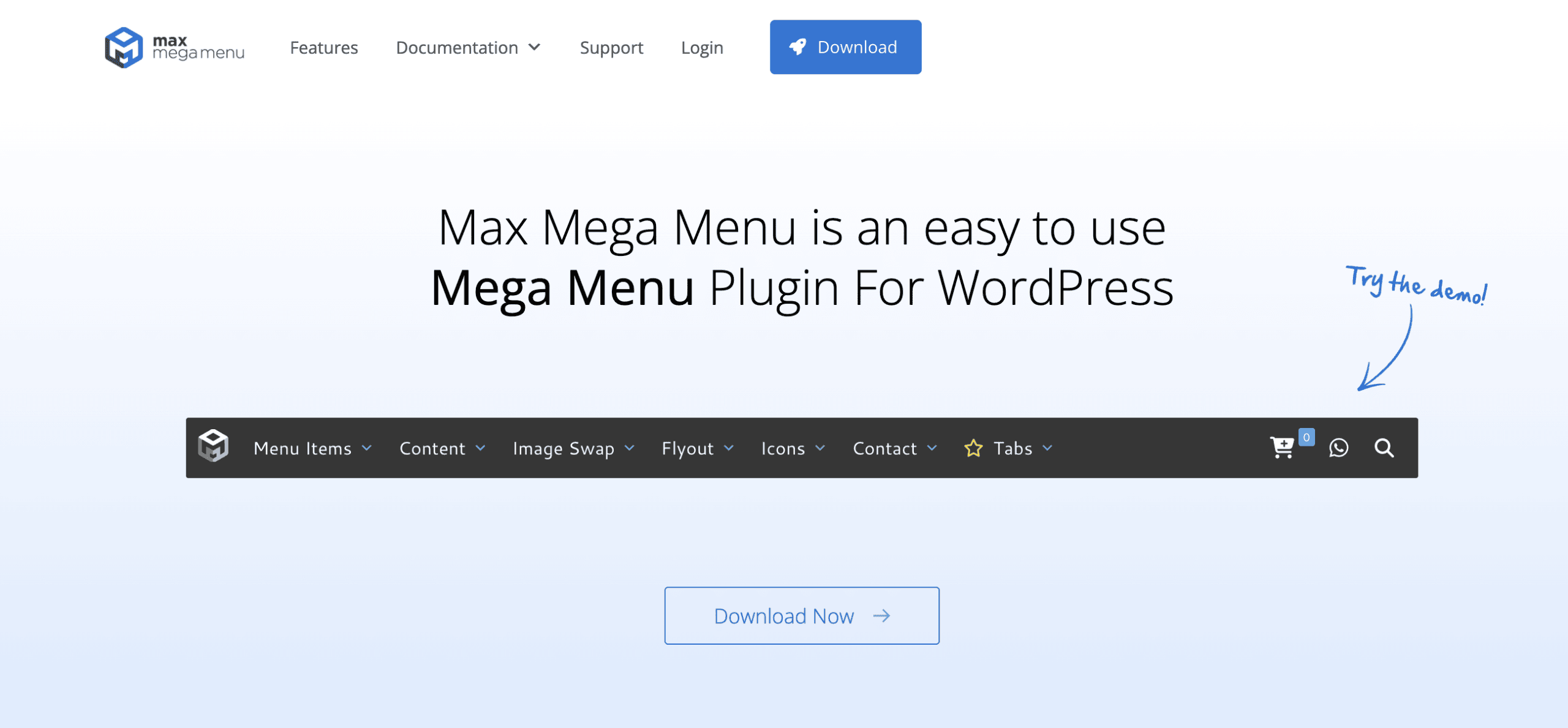 Website homepage for Max Mega Menu plugin for WordPress, showing the logo, navigation menu, demo mega menu bar, and a blue "Download Now" button.