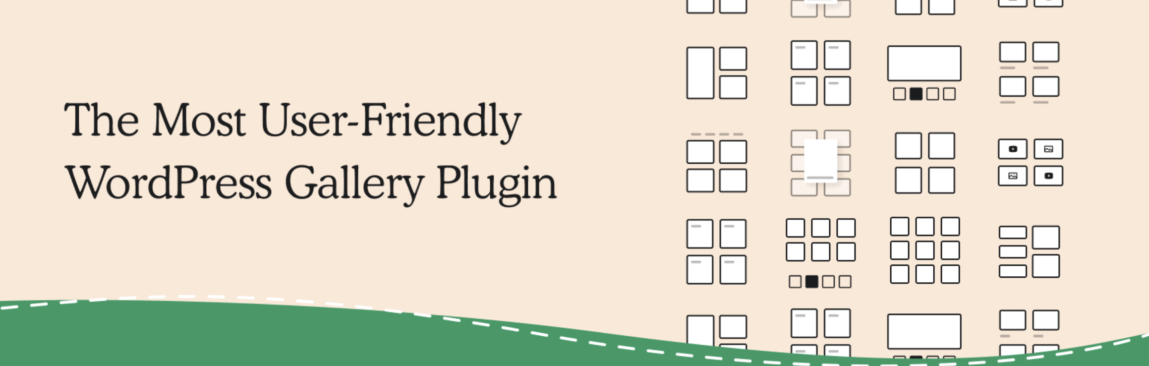 Text reads "The Most User-Friendly WordPress Gallery Plugin" next to illustrated gallery layouts on a beige background with a green curved border at the bottom.