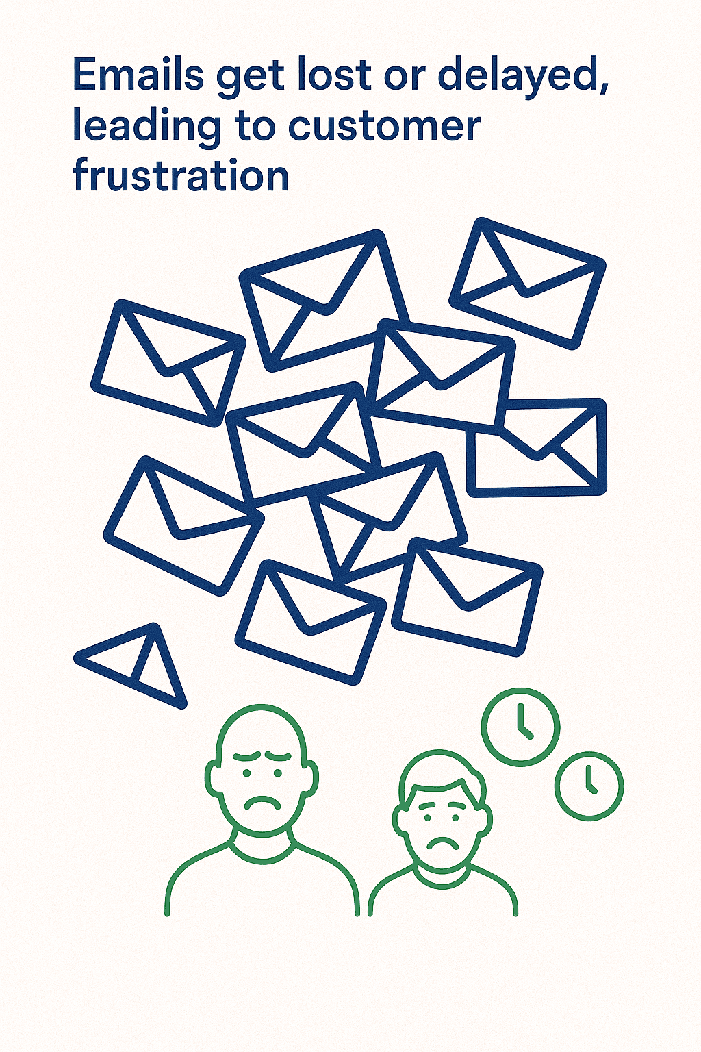 Illustration of many envelopes above two frustrated people and clocks, with text: "Emails get lost or delayed, leading to customer frustration.