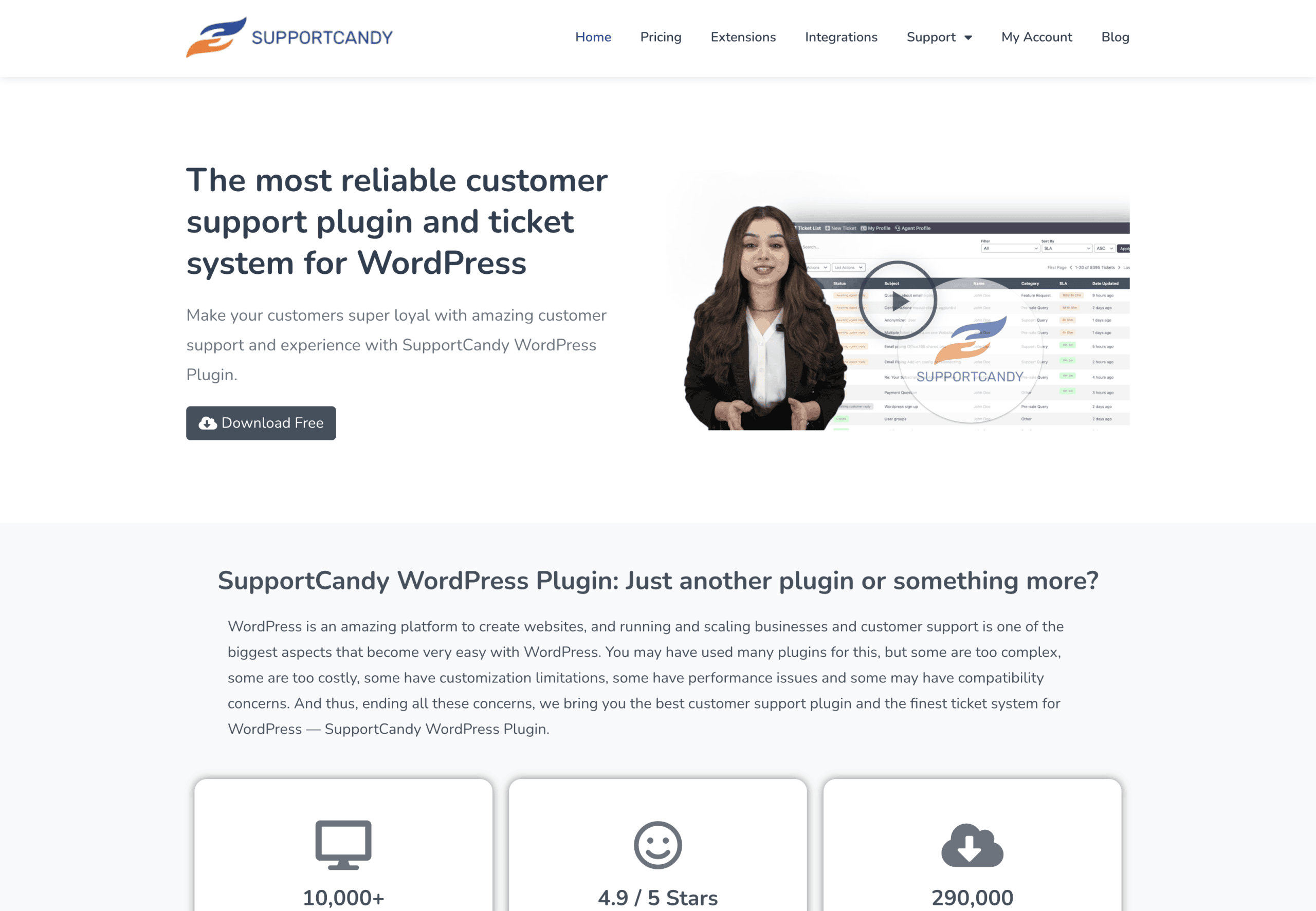 Screenshot of SupportCandy's website homepage, featuring a headline about its WordPress support plugin, a photo of a woman, and options to download or learn more about the service.