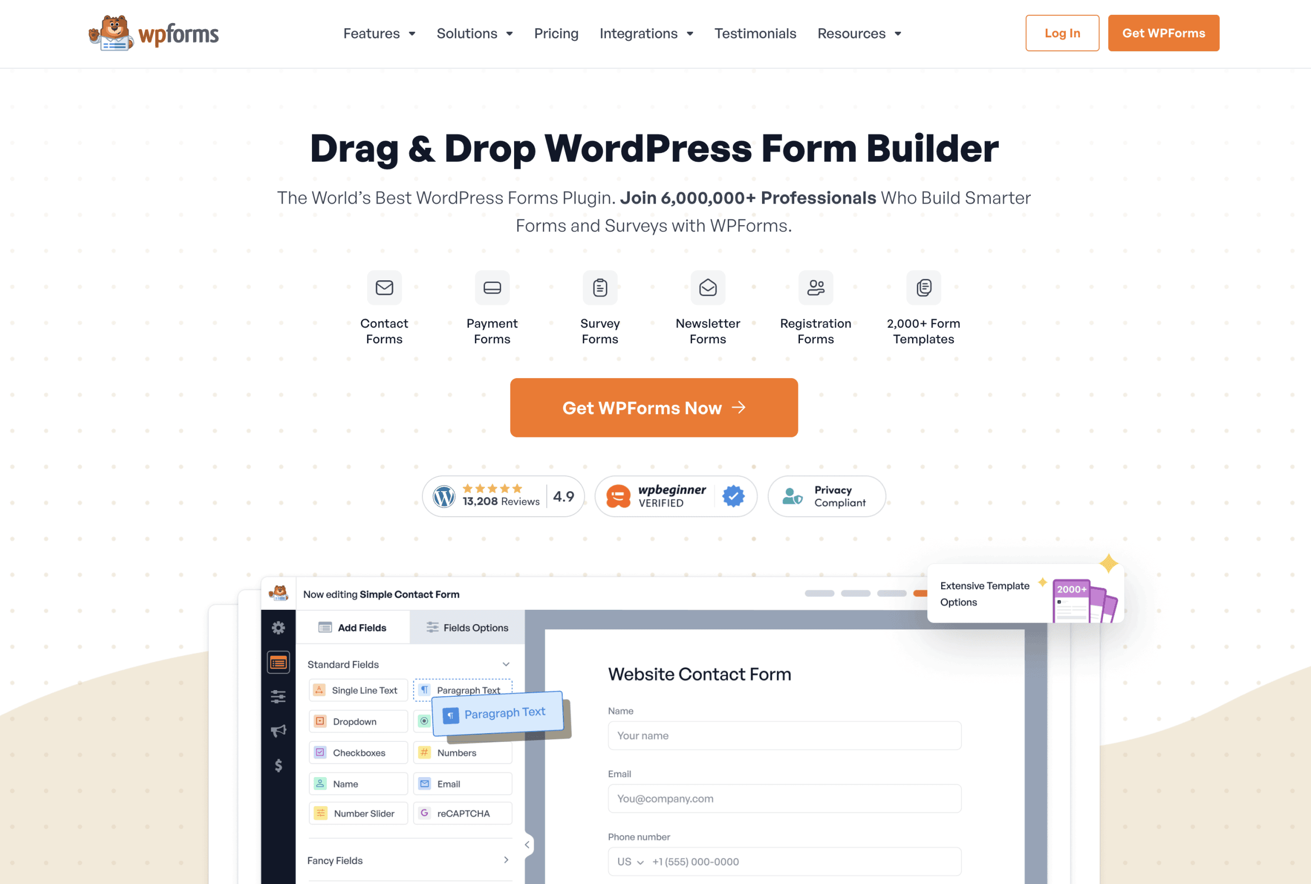 Screenshot of the WPForms website homepage showing features of their drag-and-drop WordPress form builder, a call to action button, user ratings, and a sample contact form editor.