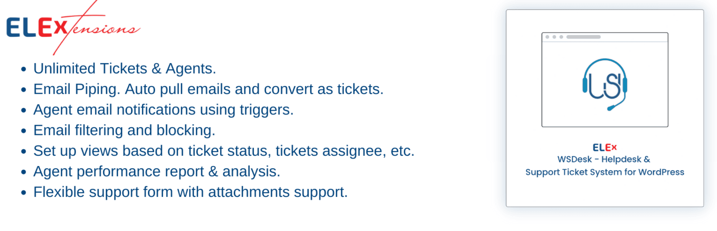 Screenshot showing ELEXtensions helpdesk features list and a WSDesk - Helpdesk & Support Ticket System for WordPress logo. Features include ticket management, email integration, and performance analysis.