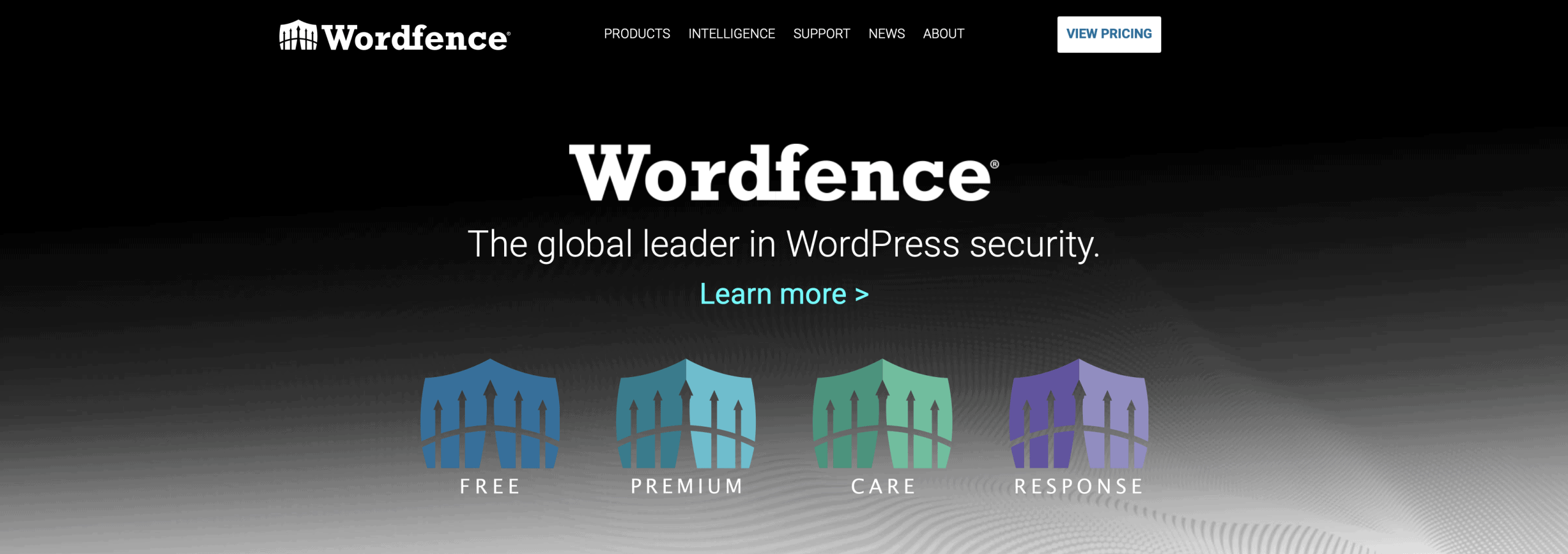 Wordfence homepage showing tagline "The global leader in WordPress security" and icons for Free, Premium, Care, and Response plans.