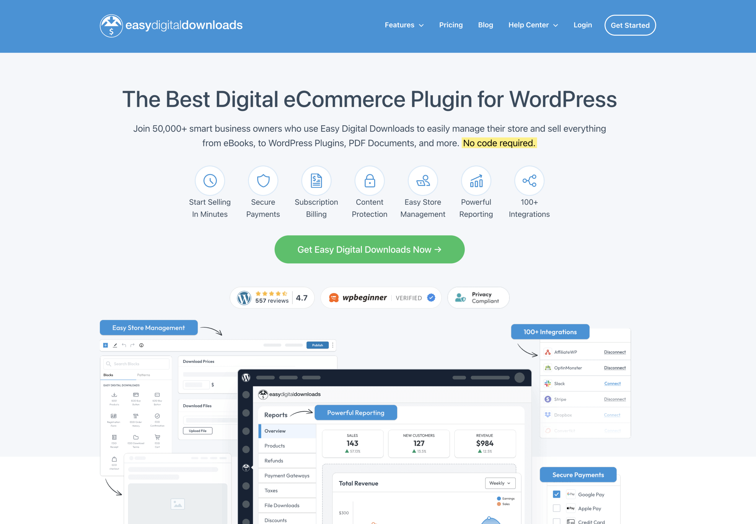 Screenshot of the Easy Digital Downloads website homepage highlighting its features as a WordPress eCommerce plugin, with buttons, feature icons, and dashboard interface previews.