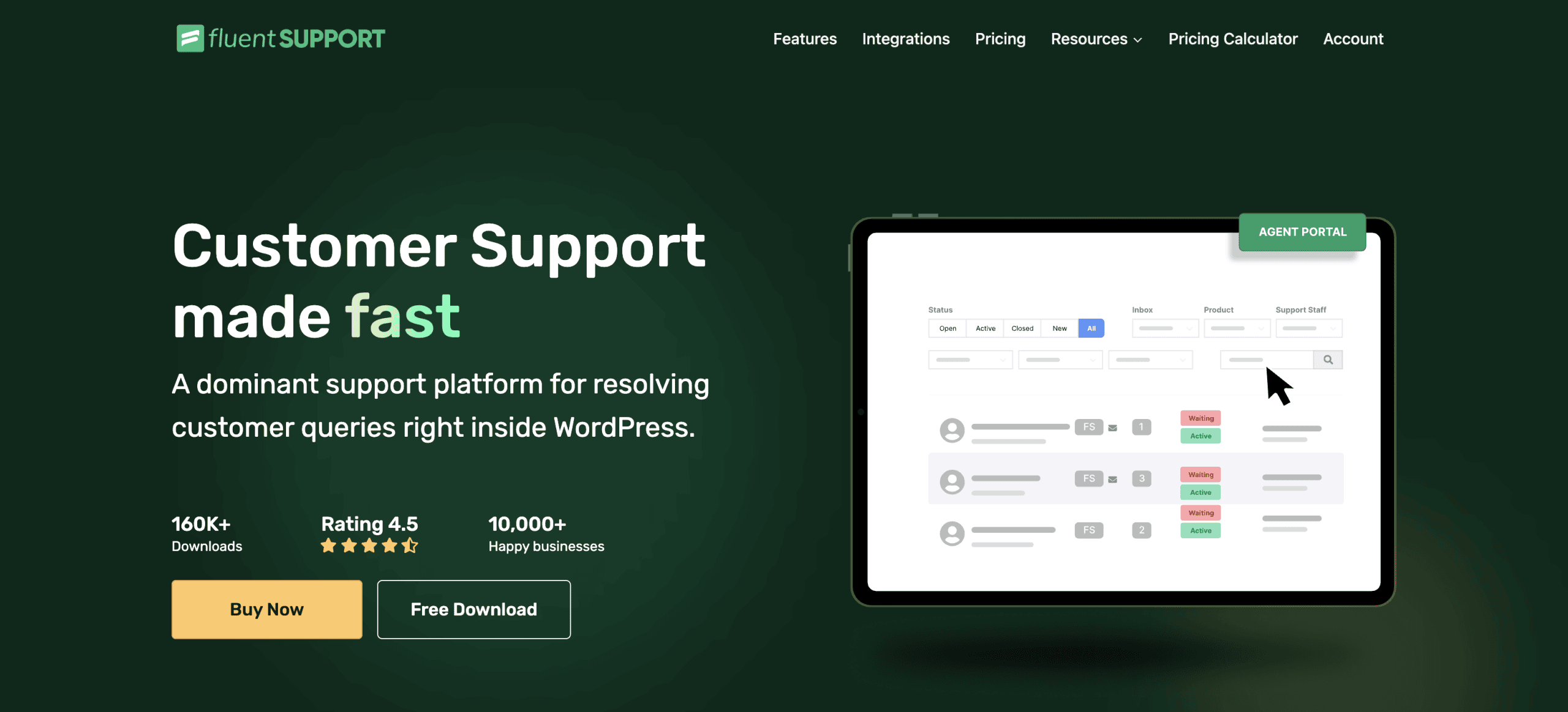 A website landing page for Fluent Support, showing a tablet interface of a support dashboard, platform features, download count, ratings, and call-to-action buttons for buying or trying for free.