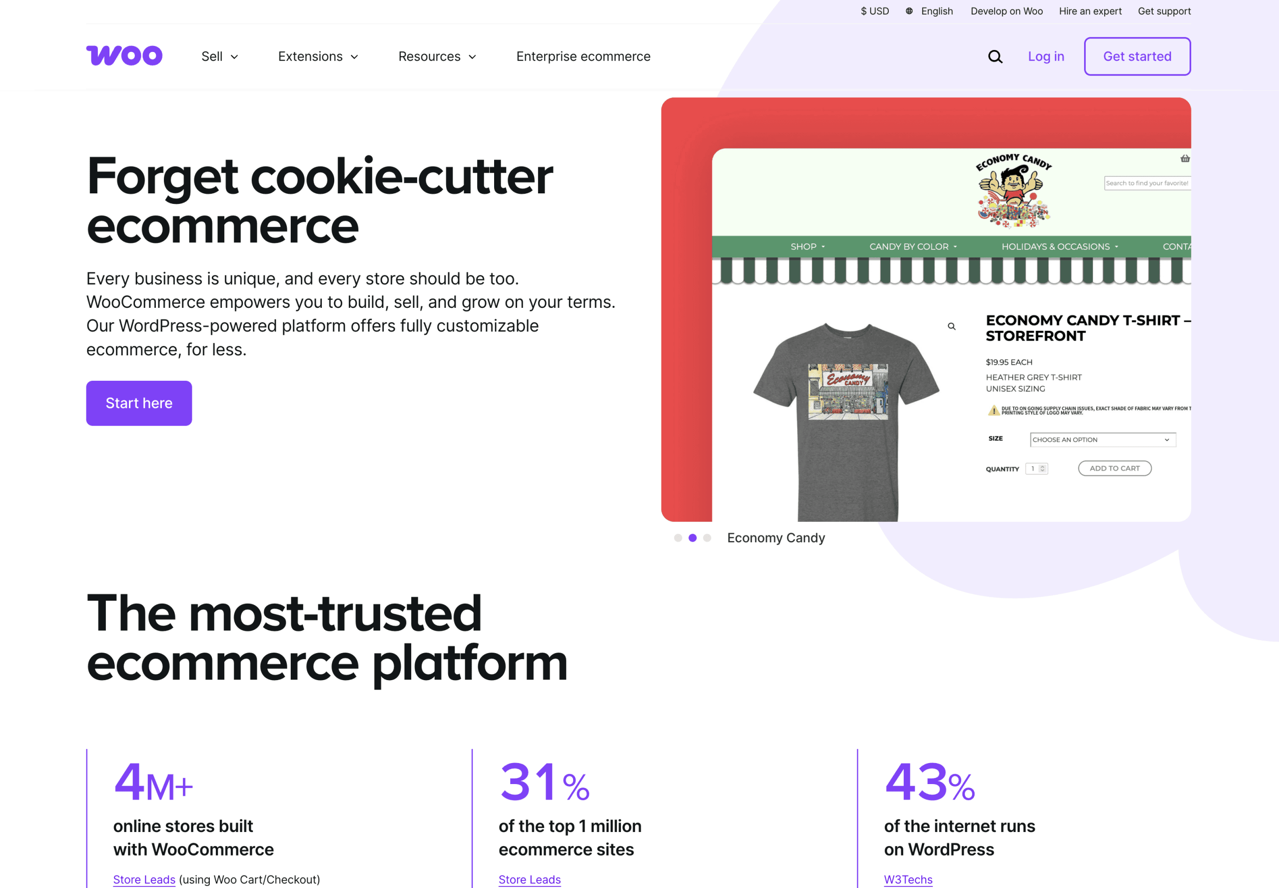 Screenshot of WooCommerce homepage highlighting customizable ecommerce features, trust statistics, and an example storefront image for Economy Candy.