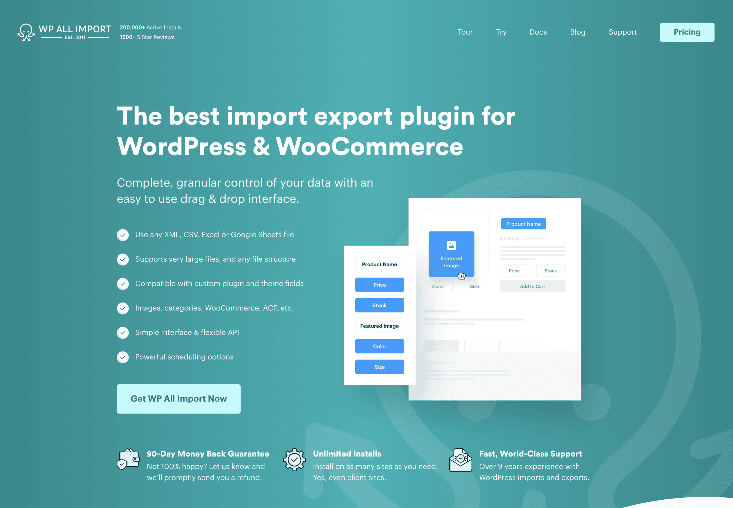 Screenshot of a website homepage promoting an import export plugin for WordPress and WooCommerce, highlighting features, a drag and drop interface, and a pricing button.