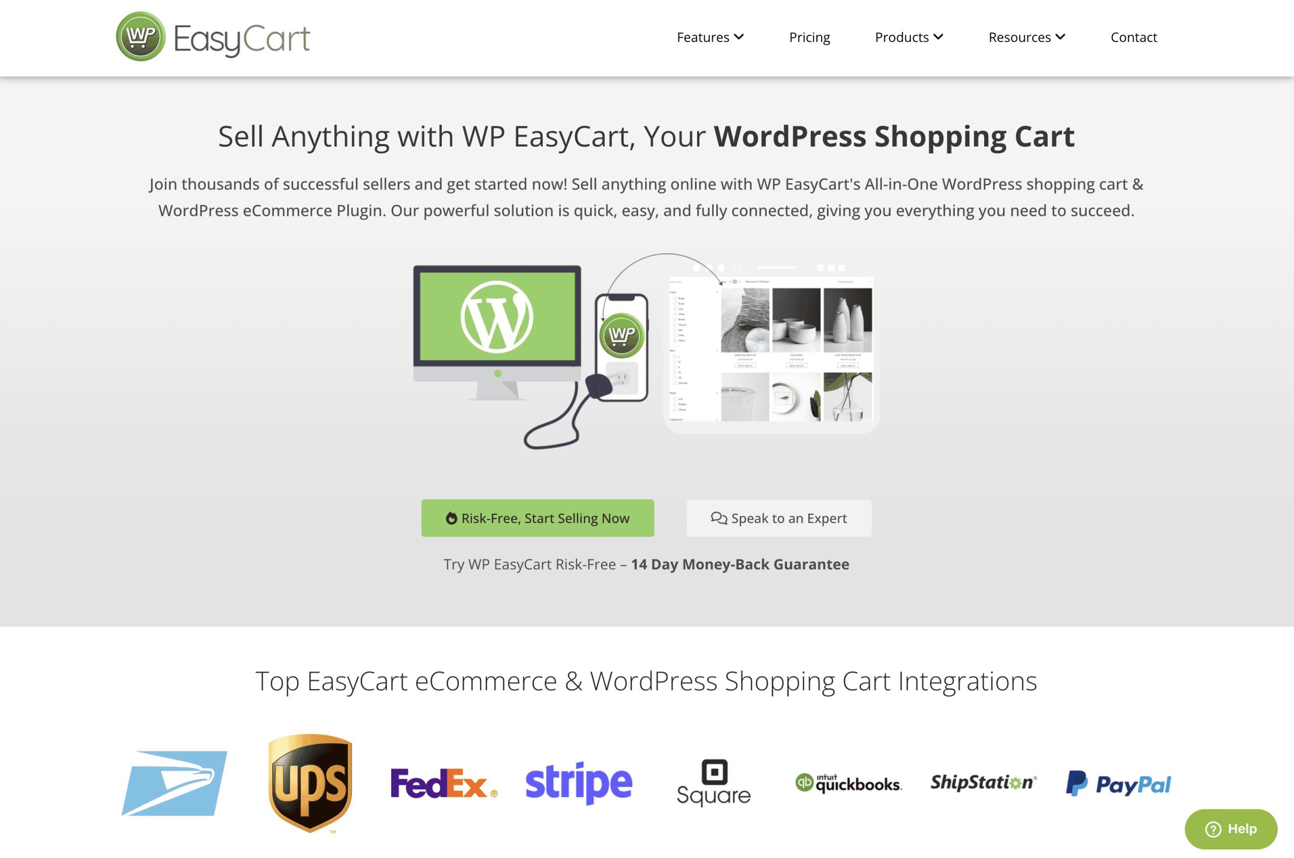 Screenshot of the WP EasyCart homepage, promoting WordPress shopping cart solutions, featuring logos of payment and shipping partners like UPS, FedEx, Stripe, Square, and PayPal.