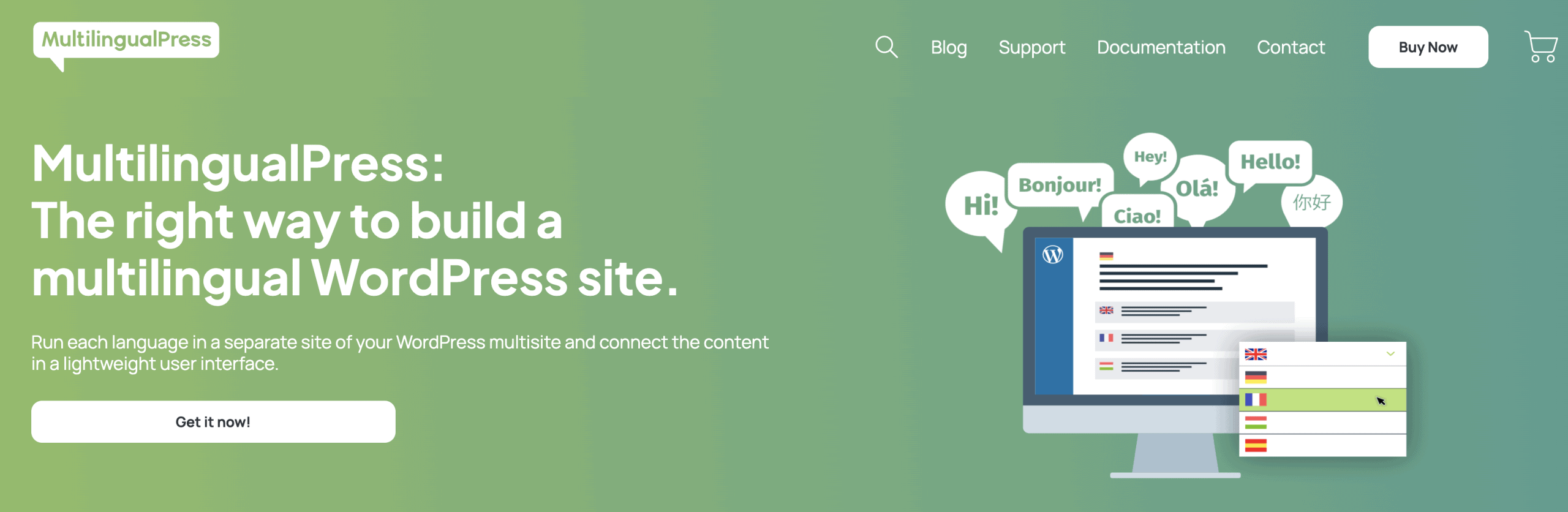 A website banner for MultilingualPress featuring a monitor with language icons and a call-to-action button to get the multilingual WordPress site plugin.