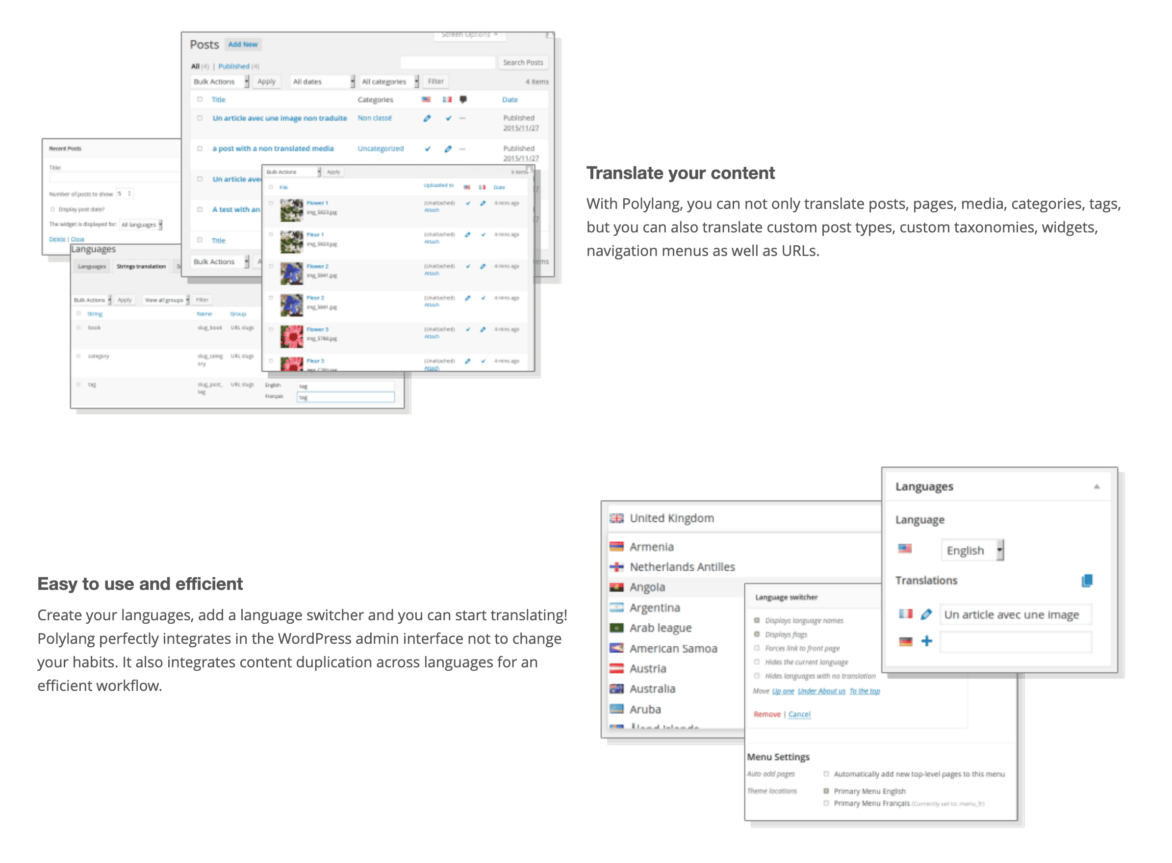 Screenshot of the Polylang plugin interface showing language selection, translation options, and WordPress admin integration features.