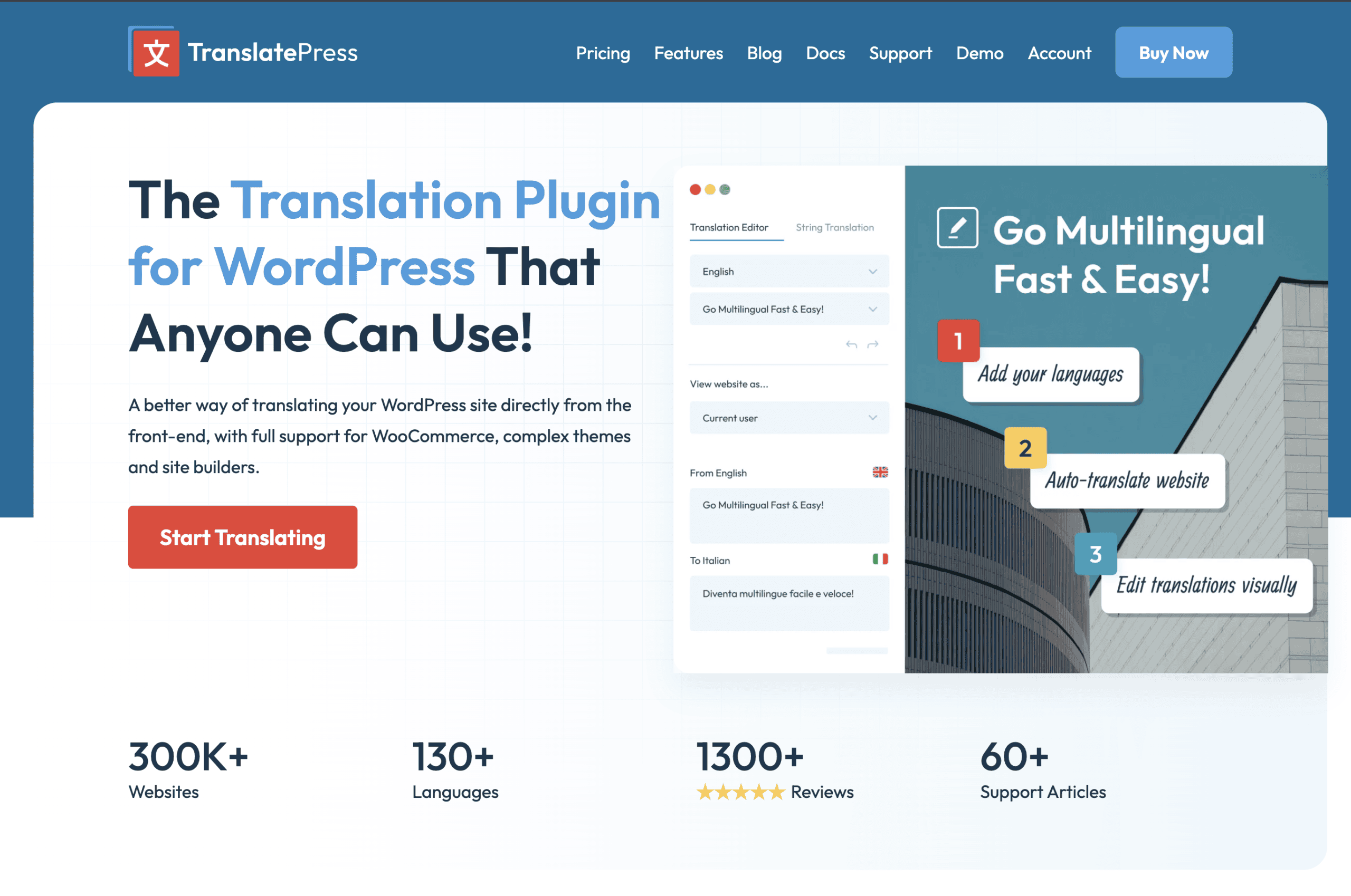 Screenshot of the TranslatePress website homepage highlighting its multilingual features for WordPress, with call-to-action buttons and user statistics displayed.