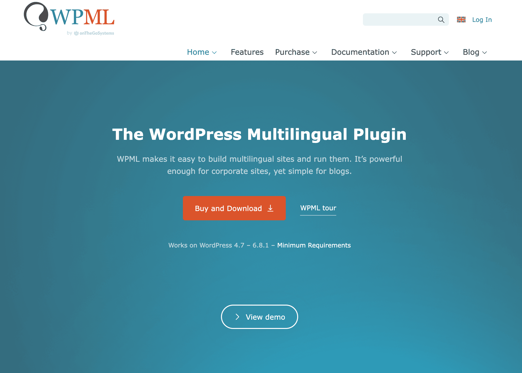WPML homepage displaying a blue gradient background, main headline about WordPress multilingual plugin, and buttons for buying, downloading, viewing a demo, and accessing a tour.