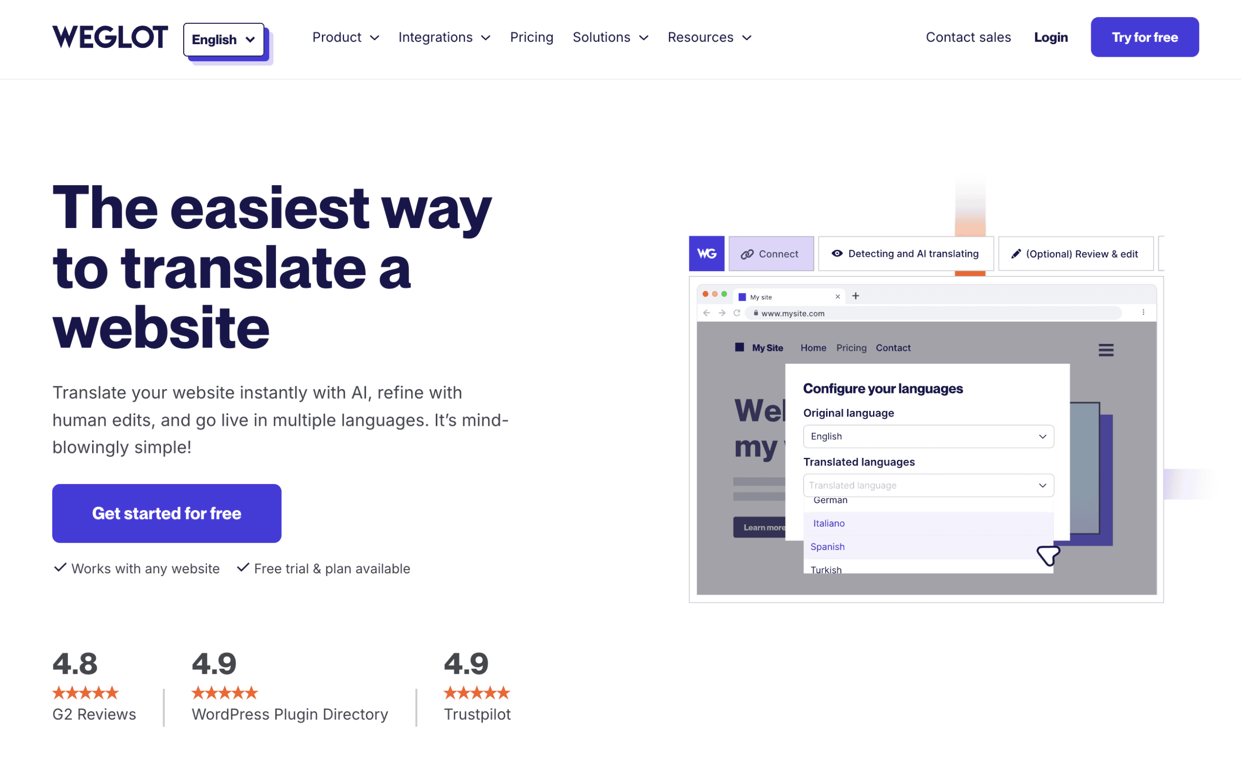 Screenshot of Weglot's website homepage showing a call-to-action for translating websites with AI and a sample interface for selecting translation languages.