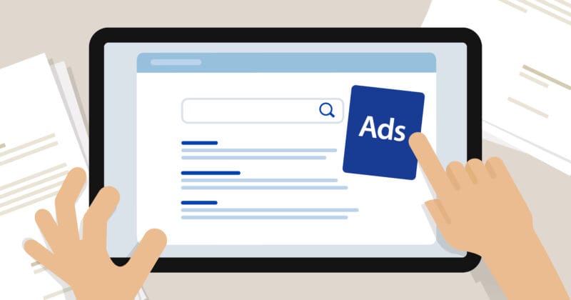 Illustration of hands using a tablet displaying a search engine with a highlighted "Ads" label and search results, surrounded by scattered documents.
