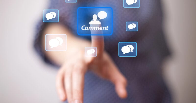 A person touches a virtual screen with floating comment icons, highlighting a blue box labeled "Comment" in the foreground—showcasing user interaction inspired by the best WordPress plugins for engaging discussions.