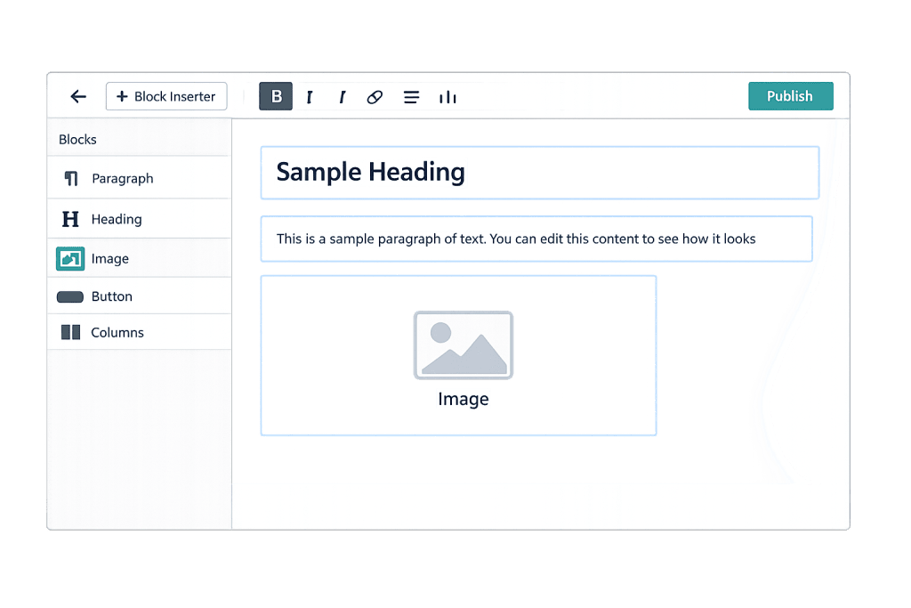 A website editor interface displays a Gutenberg Block Editor with a sample heading, text, and an image block placeholder. Options for paragraph, heading, image, button, and columns appear in a left sidebar.