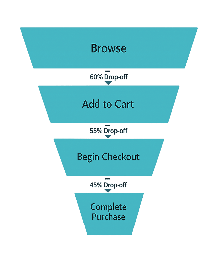 An inverted funnel diagram highlights four stages—Browse, Add to Cart, Begin Checkout, and Complete Purchase—showcasing cart abandonment drop-off rates of 60%, 55%, and 45% between each stage.