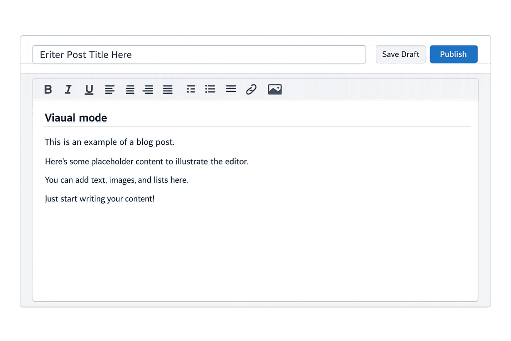 A Classic Editor blog post interface with fields for the post title and content. The content area displays placeholder text and a typo in the heading, Viaual mode instead of Visual mode, along with formatting options above the text.