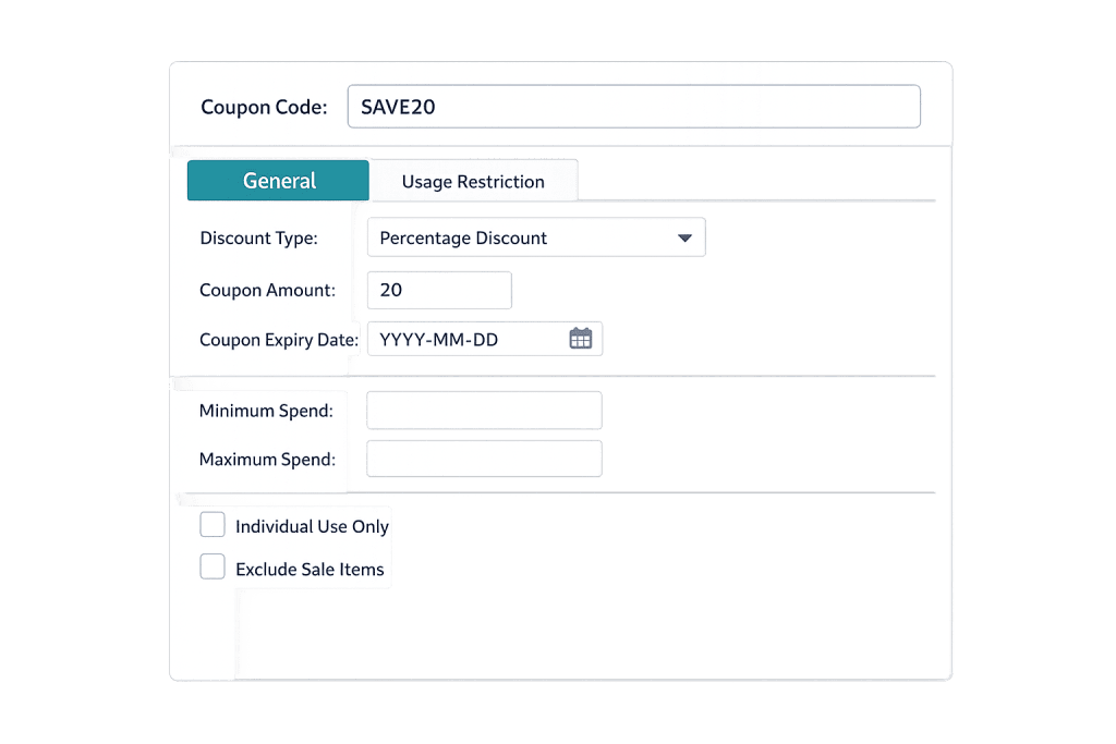A WooCommerce coupon creation form with the code SAVE20 entered. The discount type is set to percentage, amount is 20, and fields for expiry date, minimum and maximum spend, and other usage options are displayed.