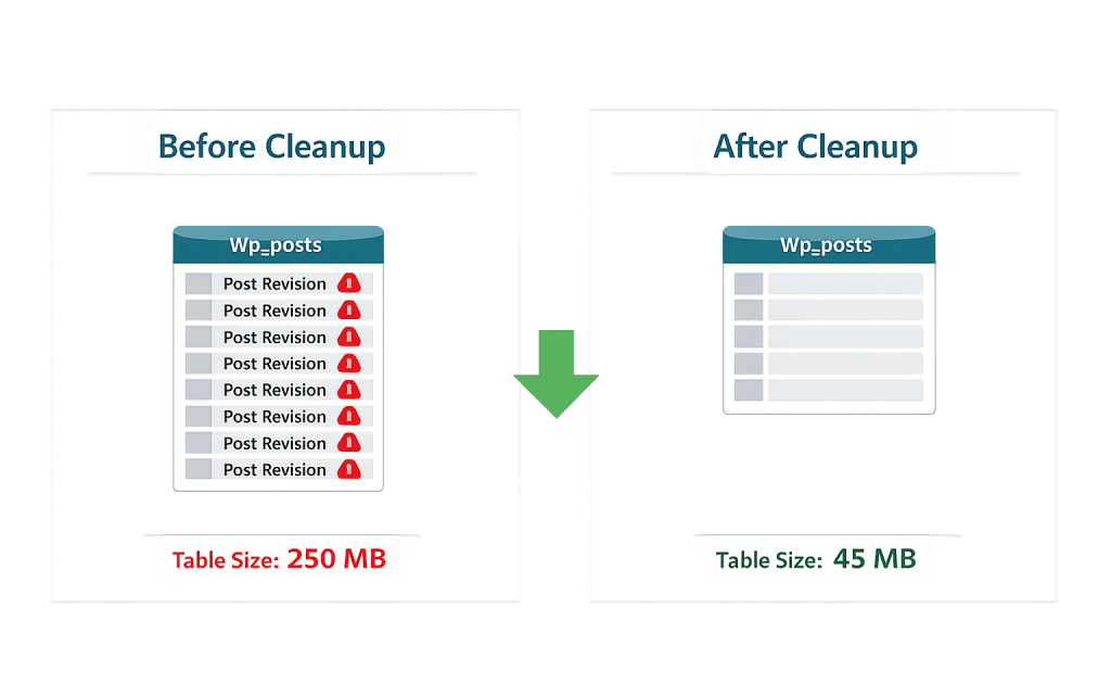 Side-by-side comparison of a WP-posts table before and after database optimization. Before: many post revisions, size is 250 MB. After: improved database performance with fewer entries, no warnings, and size reduced to 45 MB. Green arrow highlights the change.