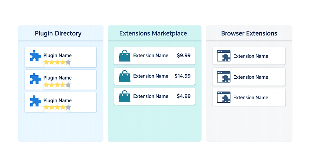 A comparison chart with three columns: Plugin Directory with starred plugin names, Extensions Marketplace with extension names and prices, and Browser Extensions with extension names and icons.