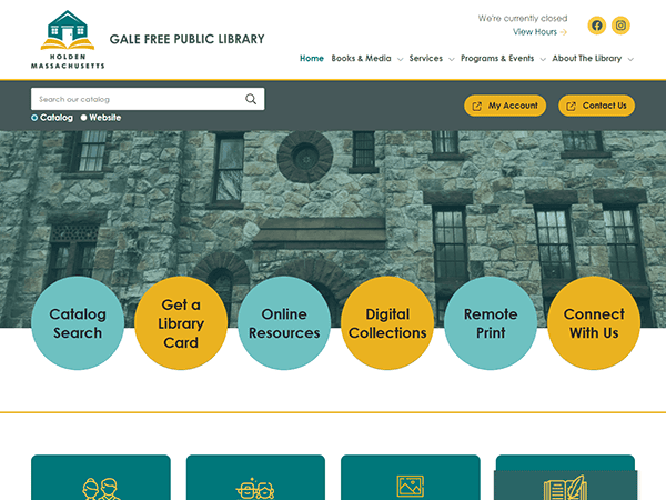 Screenshot of the Gale Free Public Library website homepage featuring navigation menus, a search bar, and circular icons for catalog search, library cards, resources, collections, printing, and contact.