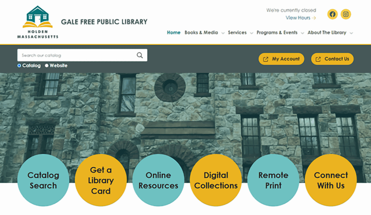 Screenshot of the Gale Free Library homepage featuring navigation menus, service buttons, event alerts, book recommendations, and library hours.