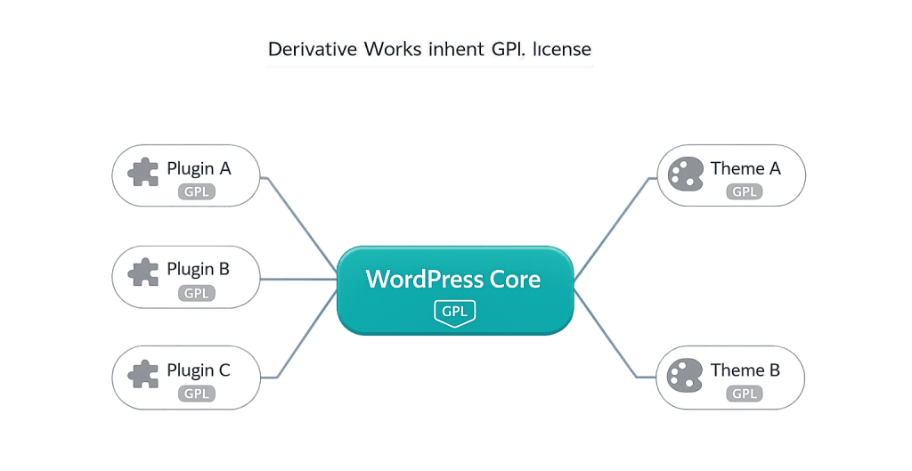A diagram showing WordPress Core (GPL) in the center, connected to three plugins and two themes, each labeled General Public License (GPL). The title states Derivative Works inherit GPL license.