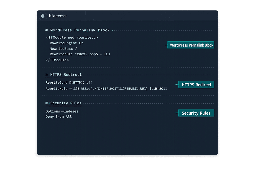 A code snippet from an .htaccess file is shown with three sections: WordPress Permalink Block, HTTPS Redirect, and Security Rules. Each section is labeled with colored tags on the right. The background is dark with light text.