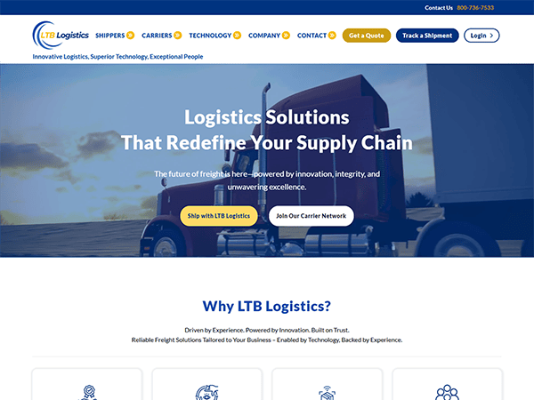 Homepage of LTB Logistics featuring a semi-truck, navigation menu, call-to-action buttons, and headline about innovative logistics services and transportation solutions.