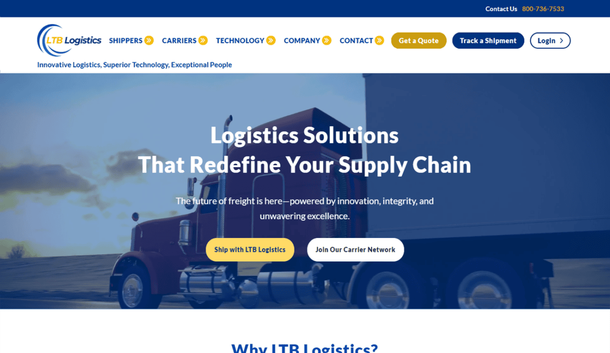 Screenshot of the LTB Logistics website homepage featuring service offerings, client testimonials, industry solutions, and contact details on a blue and white background.