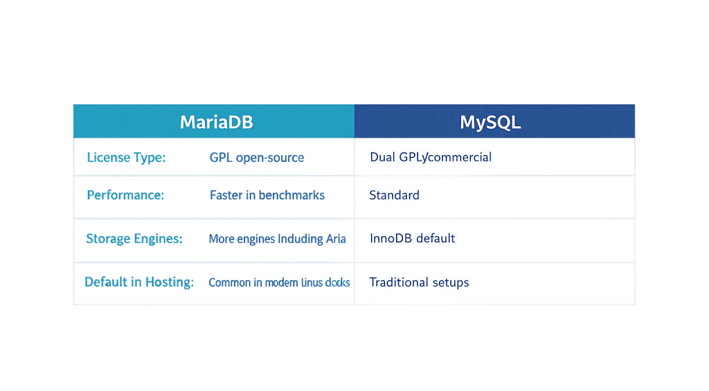 A comparison table of MariaDB and MySQL listing license type, performance, storage engines, and default in hosting for each database. MariaDB highlights open-source, faster performance, and more engines.