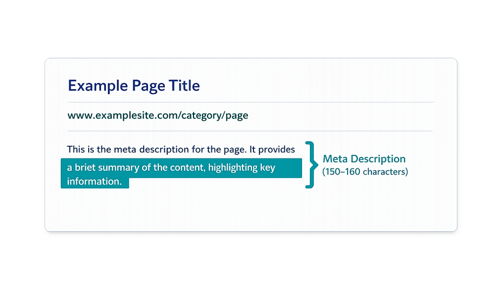 A sample web page preview featuring a page title, URL, and Meta Description, with a highlighted section explaining how the Meta Description provides a brief summary of the content in 150–160 characters.