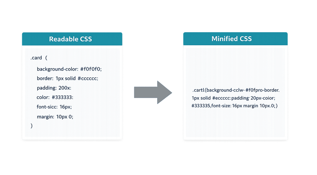 Side-by-side comparison of a Readable CSS code block and a Minified CSS code block, illustrating how Minification helps reduce file size by transforming the clear version into a compact, single-line format for code optimization.
