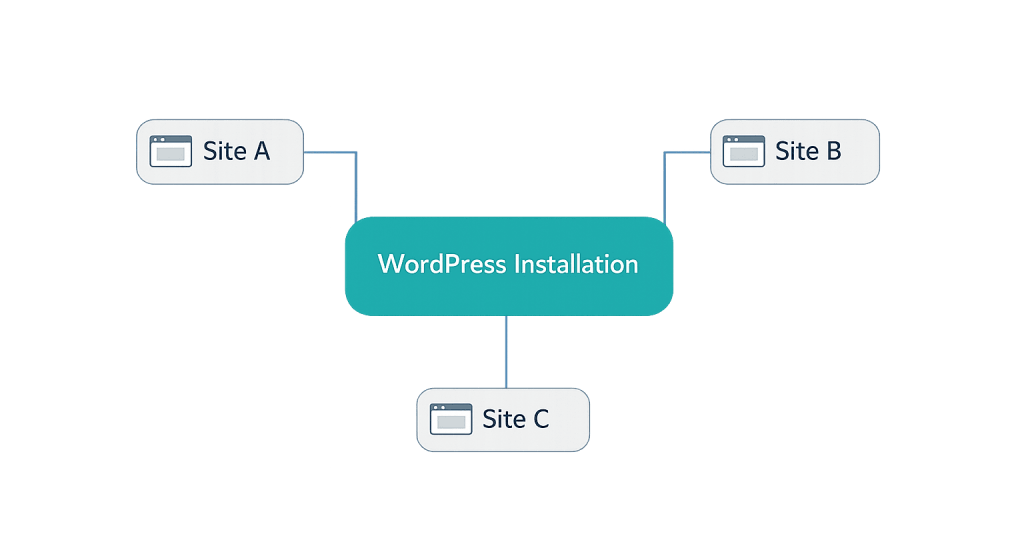 Diagram showing a WordPress Multisite Installation at the center, with lines connecting to three labeled boxes: Site A, Site B, and Site C, each represented with a browser icon—highlighting the power of MU networks.