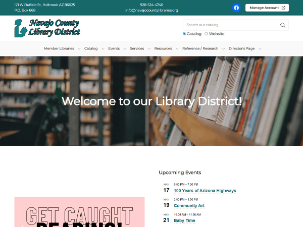 Screenshot of the Navajo County Library District website homepage showing a welcome message, a row of books, and a list of upcoming Navajo County library events.